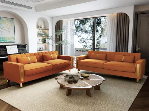 Vista 10 de Sofá de dos plazas para sala de estar, sofá de terciopelo beige de 86 pulgadas con 2 almohadas y patas de metal dorado, sofá tapizado moderno sofá