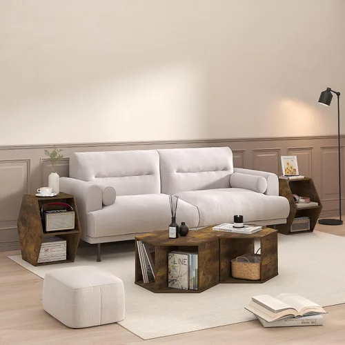 Vista 7 de Furinno - Mesa de café de diseño simple, mesa de café moderna hexagonal con estante abierto, mesa auxiliar vertical u horizontal, para sala de Pino