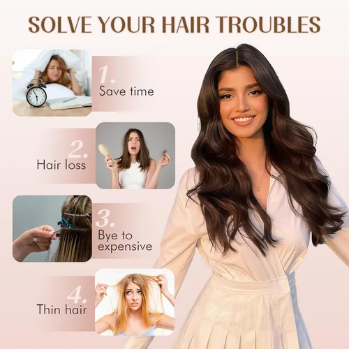 Vista 2 de Extensiones de cabello con clip para mujer, mezcla negra oscura con reflejos marrón claro, 20 pulgadas, 6 piezas, extensiones de cabello largo