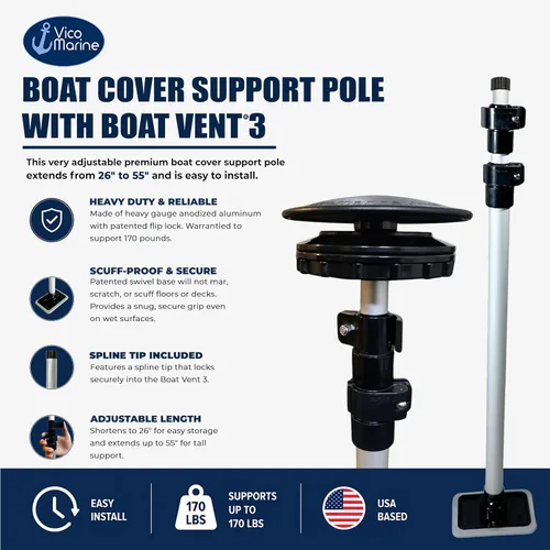 Vista 2 de Sistema de ventilación de cubierta de barco con ventilación de barco 3 – poste de soporte de aluminio que se extiende de 23 a 55 pulgadas – Base