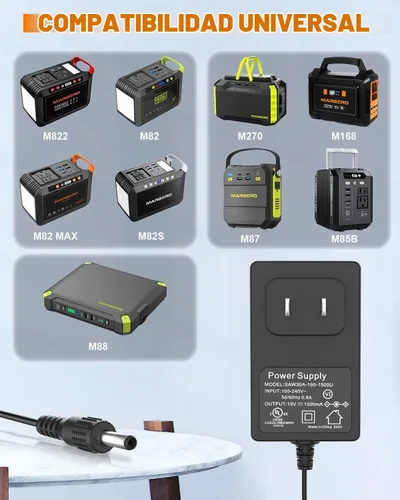 Vista 2 de MARBERO Adaptador de 19 V CA/CC Cable de alimentación compatible con MARBERO M82 M82MAX M822 M822MAX M87 M88 M168 Generador solar Batería de litio