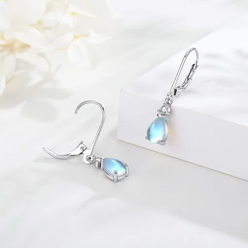 Vista 2 de Aretes de piedra lunar con cierre de palanca, turquesa, piedra lunar, circonita cúbica, piedra natal, aretes de palanca para mujer, aretes colgantes