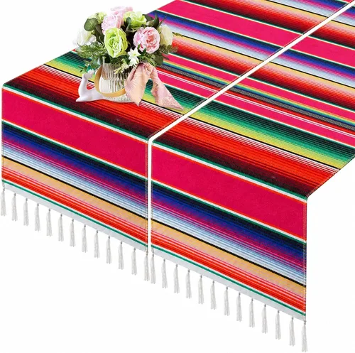 Vista 16 de Tegeme 12 Piezas Caminos de Mesa Mexicanos 14 x 84 Pulgadas Camino de Mesa Mexicano Serape Manta Decorativa con Flecos de Algodón Decoración