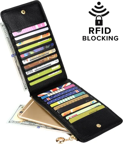 Vista 2 de Yaluxe- Cartera para mujer con bloqueo RFID, de cuero genuino, multiorganizador de tarjetas con bolsillo con zíper