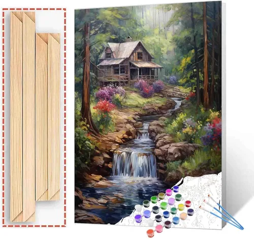 Vista 13 de Tucocoo Pintura de cabaña forestal por números para adultos, kits de pintura al óleo digital sobre lienzo con pinceles y pigmento acrílico, rueda