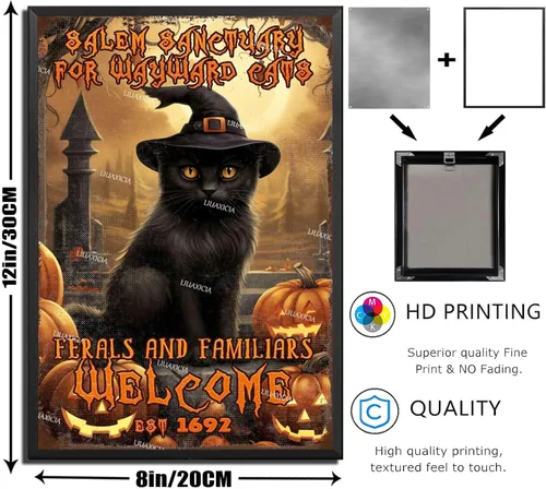 Vista 2 de Letrero decorativo de metal Salem Sanctuary for Wayward Cats Cat Halloween para bares, restaurantes, bares, hoteles, zoológicos, cafeterías, 8.00 x