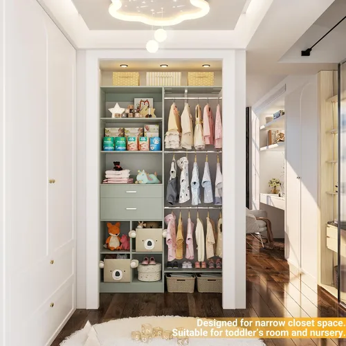 Vista 6 de Sistema de armario pequeño de 5 pies, sistema organizador de armario para bebés con cajones de madera, sistema de vestidor de 60 pulgadas con 5