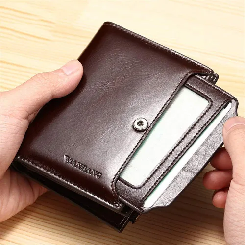 Vista 6 de JIUFENG Cartera de cuero genuino para hombre, con bloqueo RFID, plegable, con cremallera, organizador de tarjetas, recortador de dinero, Negro