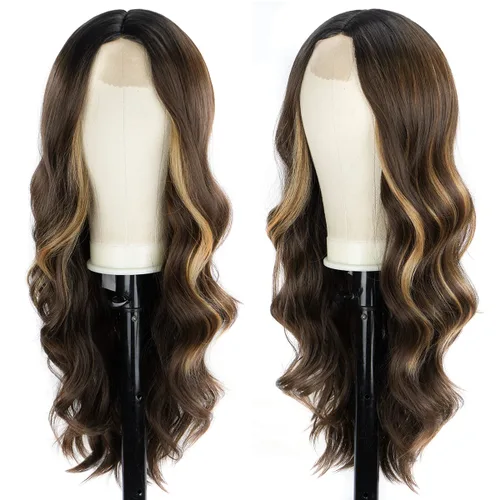 Vista 8 de Halcyon - Peluca sintética ondulada de 26 pulgadas, parte central natural, reflejos marrones 3-row hand-tied parting for realistic scalp