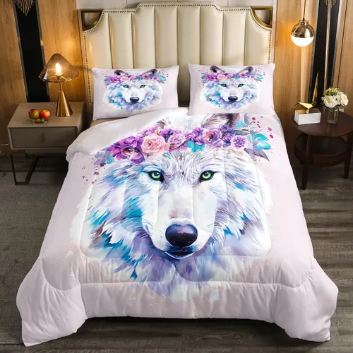 Vista 2 de Juego de ropa de cama de lobo con diseño de animales de safari con ojos verdes, juego de edredón de teñido anudado para niñas, flores florecientes