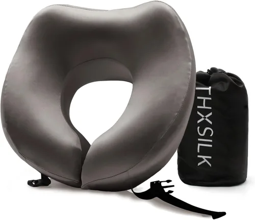 Vista 10 de THXSILK Almohada de cuello 100% seda de morera para viajes y avión, almohada de viaje de espuma viscoelástica para soporte de cuello en coche y Negro