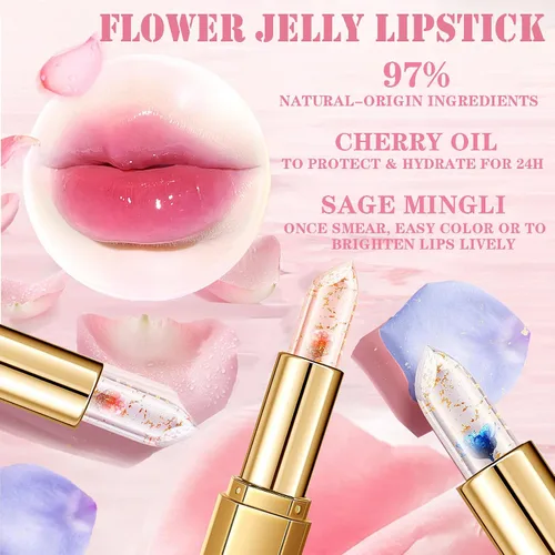 Vista 2 de Paquete de 3 lápices labiales de gelatina de flores, cambio de temperatura, hidratante de larga duración, bálsamo nutritivo mágico que cambia