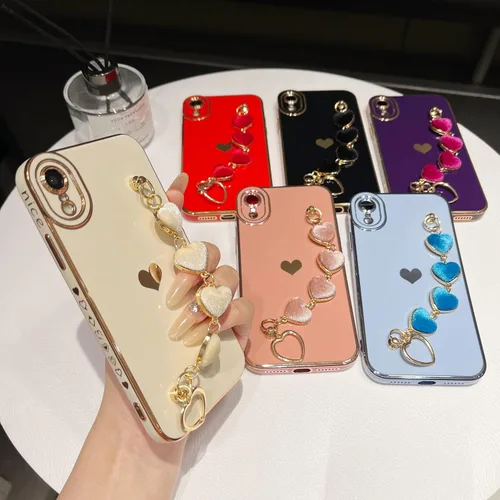Vista 2 de Caseative - Carcasa para iPhone XR, color negro Pulsera de cadena con correa de corazón de amor chapado lindo