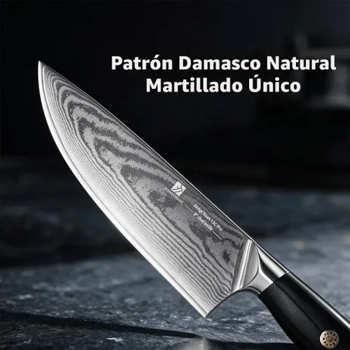 Vista 9 de Cuchillo de chef de Damasco de 8 pulgadas, cuchillo de cocina de acero inoxidable de alto carbono de 67 capas con mango ergonómico G10, funda