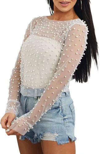 Vista 5 de Camisa de perlas de manga larga de malla transparente para mujer