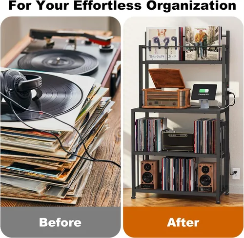 Vista 7 de EasyCom Soporte para tocadiscos con almacenamiento de vinilo, soporte para tocadiscos con capacidad para hasta 300 álbumes, mesa grande