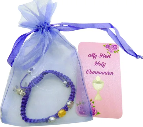 Vista 3 de Westmon Works Juego de pulseras para la primera comunión para niñas, color morado, con dijes de San Benito, macramé, ajustable, accesorios