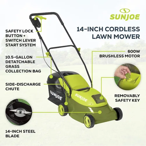 Vista 3 de Sun Joe Cortacésped inalámbrico con empuje eléctrico con bolsa de 10.6 galones, ancho de corte de 14 pulgadas, verde - Cortadora de césped