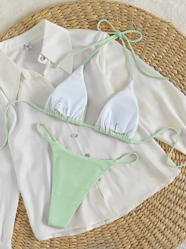 Vista 2 de MakeMeChic Conjunto de bikini de 2 piezas con cuello halter y triángulo para mujer, corte alto, traje de baño