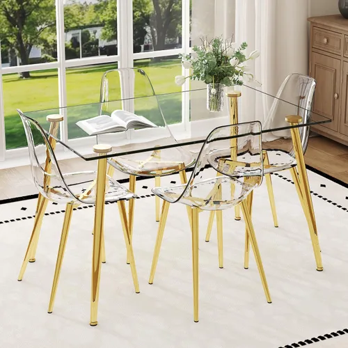Vista 21 de Juego de mesa de comedor de vidrio Ebullient para 4, mesa de 51" de vidrio templado transparente con patas de metal negro y 4 sillas de acrílico