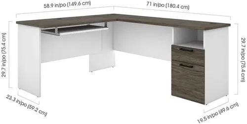 Vista 3 de Pemberly Row Escritorio moderno de madera en forma de L para computadora en nogal gris/blanco