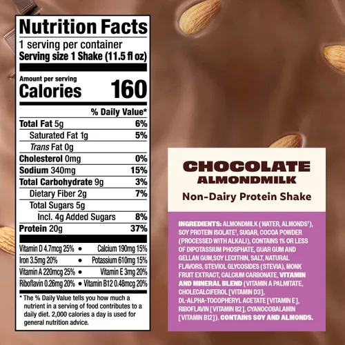 Vista 2 de Premier Protein - Batido de proteína de leche de almendra no láctea, 0.71 onzas, chocolate, paquete de 12 Proteína a base de plantas, 160