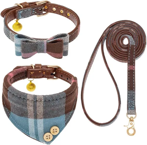 Vista 11 de EXPAWLORER Juego de collar y correa para cachorros, collar clásico a cuadros para perros pequeños con corbatín, bonito juego de collar y correa