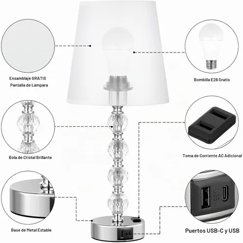 Vista 7 de Juego de 2 lámparas de mesa de cristal para dormitorio/sala de estar, 17.5 pulgadas (blanco) 3 Way Dimmable Touch Control, Bedside Nightstand