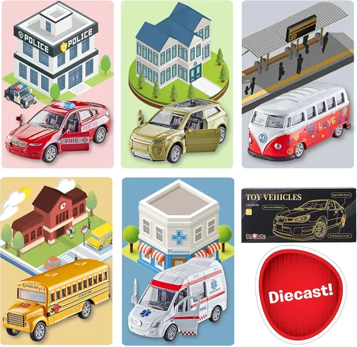 Vista 2 de KIDAMI Juego de 5 autos de juguete de metal fundido a presión, puertas que se abren, ambulancia de autos retrocedentes, paquete de regalo para niños