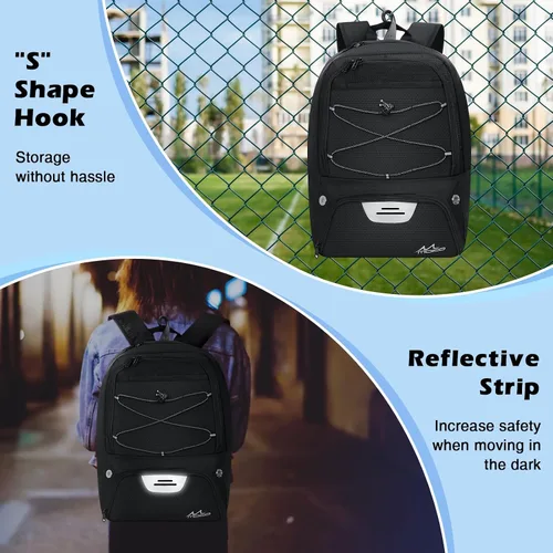 Vista 5 de MoKo Mochila de baloncesto con gancho, mochila grande de voleibol y fútbol, bolsa de gimnasio con compartimentos separados para pelotas y zapatos