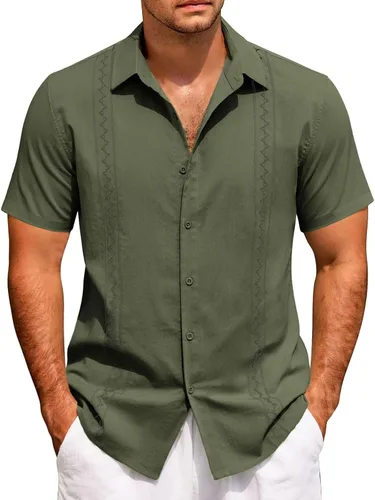 Vista 3 de Camisas de manga corta para hombre, estilo cubano, casual, con botones, para verano, para bolos, holgadas, hawaianas, para vacaciones en la playa
