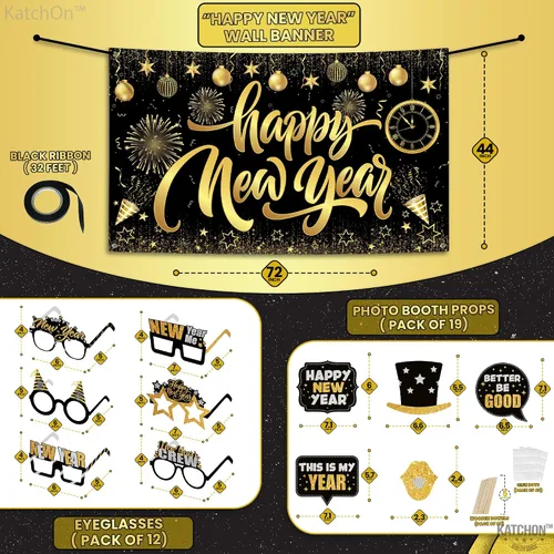 Vista 3 de KatchOn, Suministros para fiesta de Año Nuevo 2026 – Paquete de 32 Cartel de Feliz Año Nuevo, accesorios de cabina de fotos de NYE