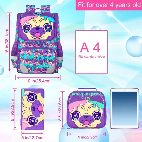 Vista 34 de KLFVB Mochila de 3 piezas para niñas y niños, bolsa de libros de dinosaurio de unicornio de 15 pulgadas con lonchera, bolsa escolar preescolar
