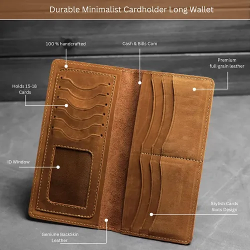 Vista 4 de DEERHANDMADE Cartera larga de piel auténtica Crazy Horse para hombres y mujeres