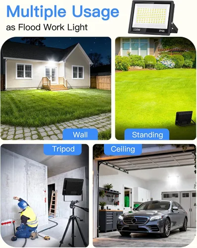 Vista 8 de Luz de inundación LED de 120 W para exteriores con enchufe, luces de seguridad superbrillantes de 14400 lm con cable, luz de trabajo LED impermeable