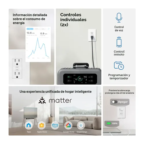 Vista 2 de TP-Link Tapo Smart Plug P210M, enchufe de pared empotrado Wi-Fi, compatible con Matter, monitoreo de energía, 15A/1800W Max, funciona con Alexa