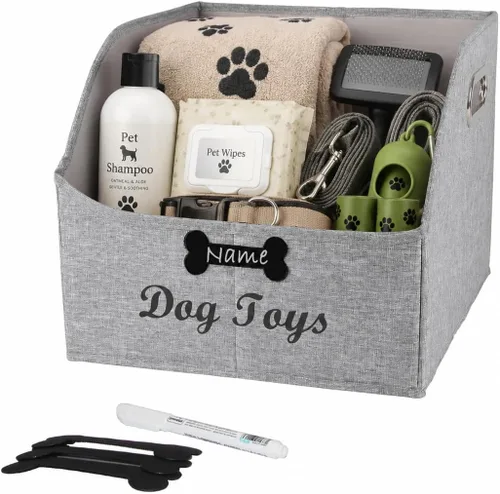 Vista 11 de Geyecete Contenedor de almacenamiento de juguetes para perros con mango de madera, cesta organizadora rectangular decorativa de fieltro suave