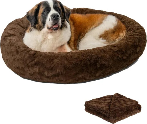 Vista 11 de Best Friends by Sheri The Original Calming Shag Donut Cuddler - Juego de cama para perros y gatos + manta para mascotas, color gris pardo, tamaño S