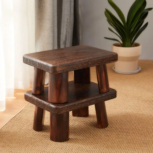 Vista 7 de Taburete de madera, taburete rectangular para mesita de noche, escalera para cocina y baño, taburete reposapiés debajo del escritorio, súper