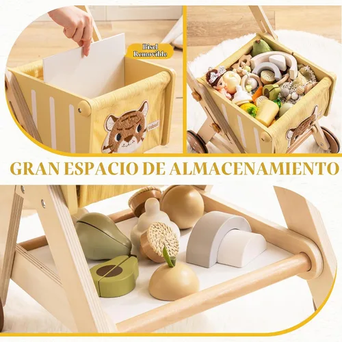 Vista 5 de ROBUD Cochecito de muñeca del andador del empuje del bebé, carro de compras Caminante de madera ajustable en altura para niños pequeños, aprendizaje