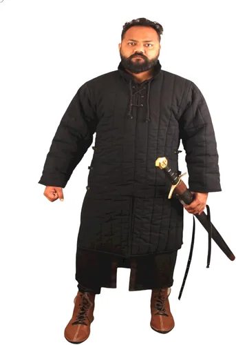 Vista 7 de Chaqueta de Gambeson acolchada gruesa medieval de manga completa con armadura, tela de algodón negro - M