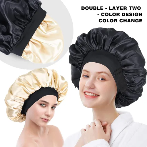 Vista 5 de Gorro de seda para dormir, gorro de satén de doble capa, ajustable, para mujeres negras, gorro de dormir reversible para sombreros de cabello rizado