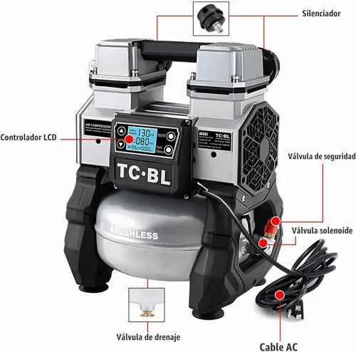 Vista 3 de TC·BL Compresor de aire portátil, 110V, silencioso, pequeño, ligero y sin aceite con tanque de aluminio de 5L