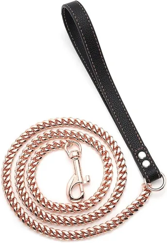 Vista 4 de Correa de perro con cadena de oro rosa resistente de 3 pies/4 pies/5 pies, acero inoxidable para entrenamiento, caminar, fácil gancho, mango