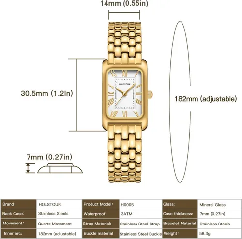 Vista 4 de Relojes para mujer, pulsera vintage, esfera romana, caja rectangular, reloj dorado, impermeable, con herramientas