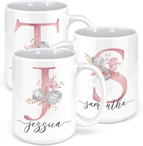 Vista 8 de Taza de café personalizada, regalo para mujeres, taza de café personalizada con nombre e inicial, 11 onzas, rosa, taza de cerámica personalizada