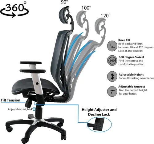 Vista 5 de Silla de oficina ergonómica ajustable negra de 53 pulgadas de alto, silla ergonómica de oficina en casa, silla ergonómica con reposacabezas, sillas