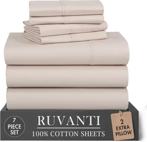 Vista 54 de RUVANTI 4 piezas de sábanas de algodón - 100% algodón natural suave, ligero y transpirable, sábanas de percal crujiente, juego de sábanas Botanica