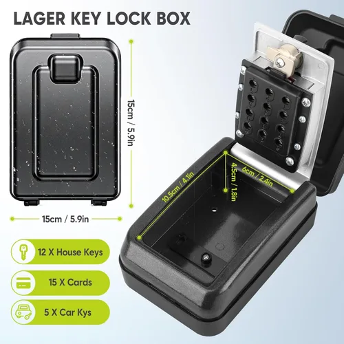 Vista 2 de BKNOOU Caja de bloqueo de llave resistente e impermeable para exteriores, caja de bloqueo de pared de gran capacidad para llaves con código, caja