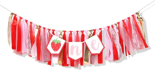 Vista 6 de Decoraciones de fiesta de fresa para primer cumpleaños, cartel de fresa para silla de bebé para accesorios de cabina de fotos y telón de fondo